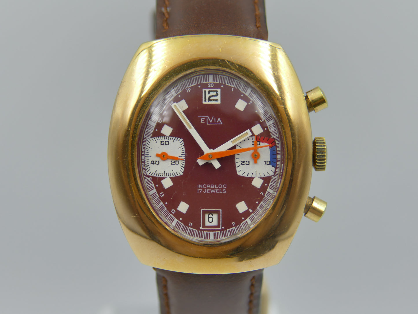 70s vintage watch mens Elvia chronograph valjoux 7734 burgundy
