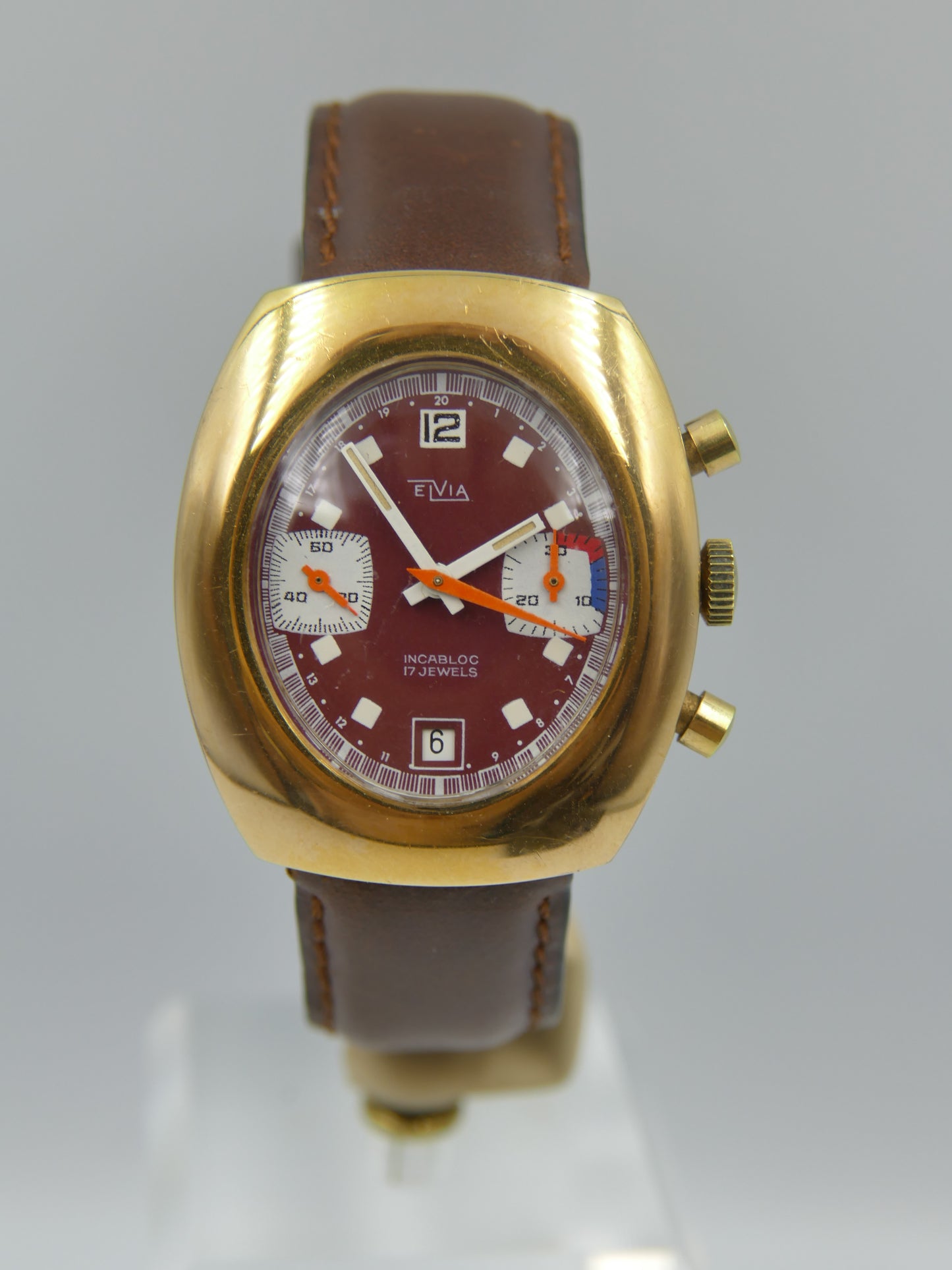 70s vintage watch mens Elvia chronograph valjoux 7734 burgundy