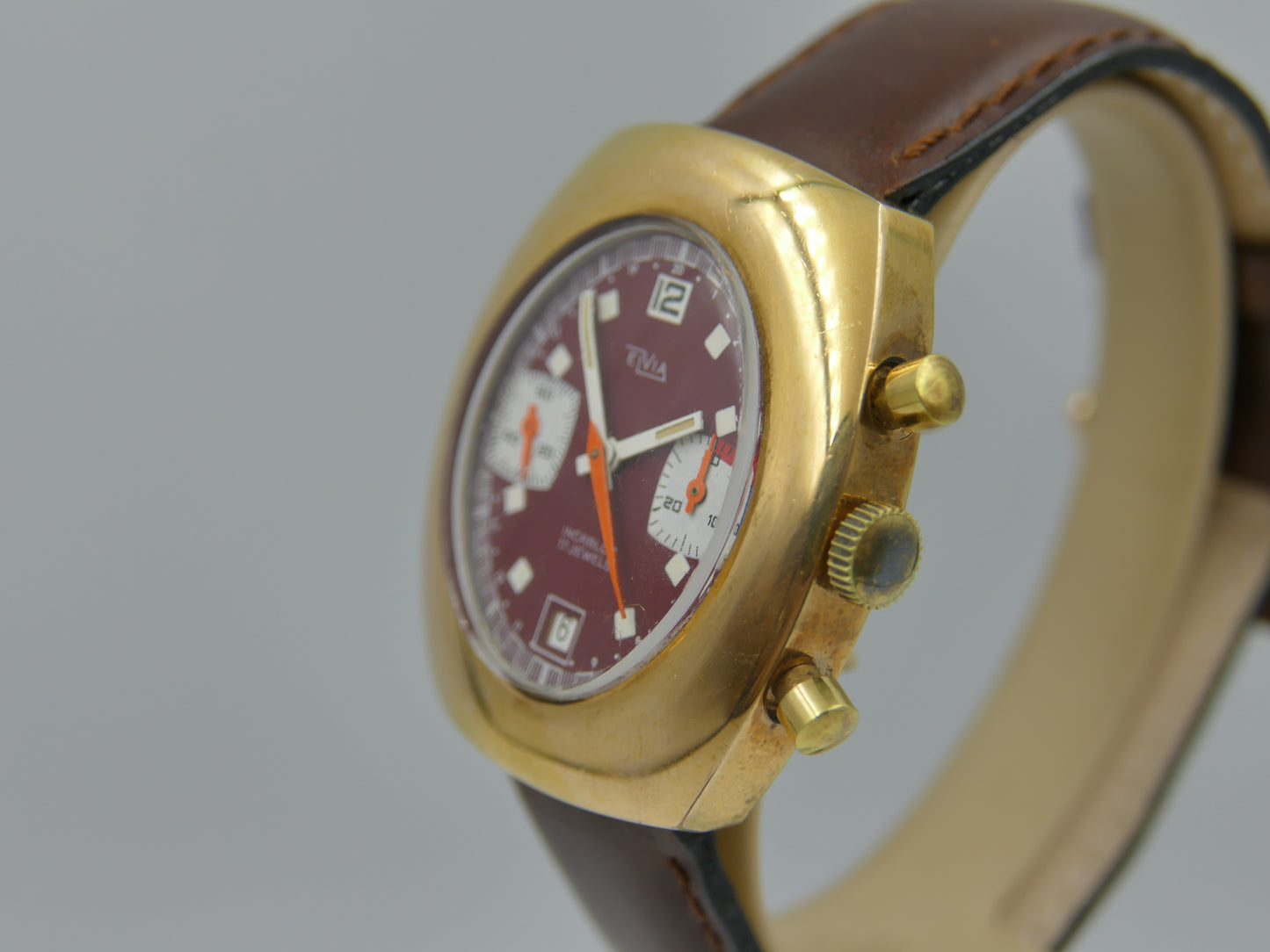 70s vintage watch mens Elvia chronograph valjoux 7734 burgundy