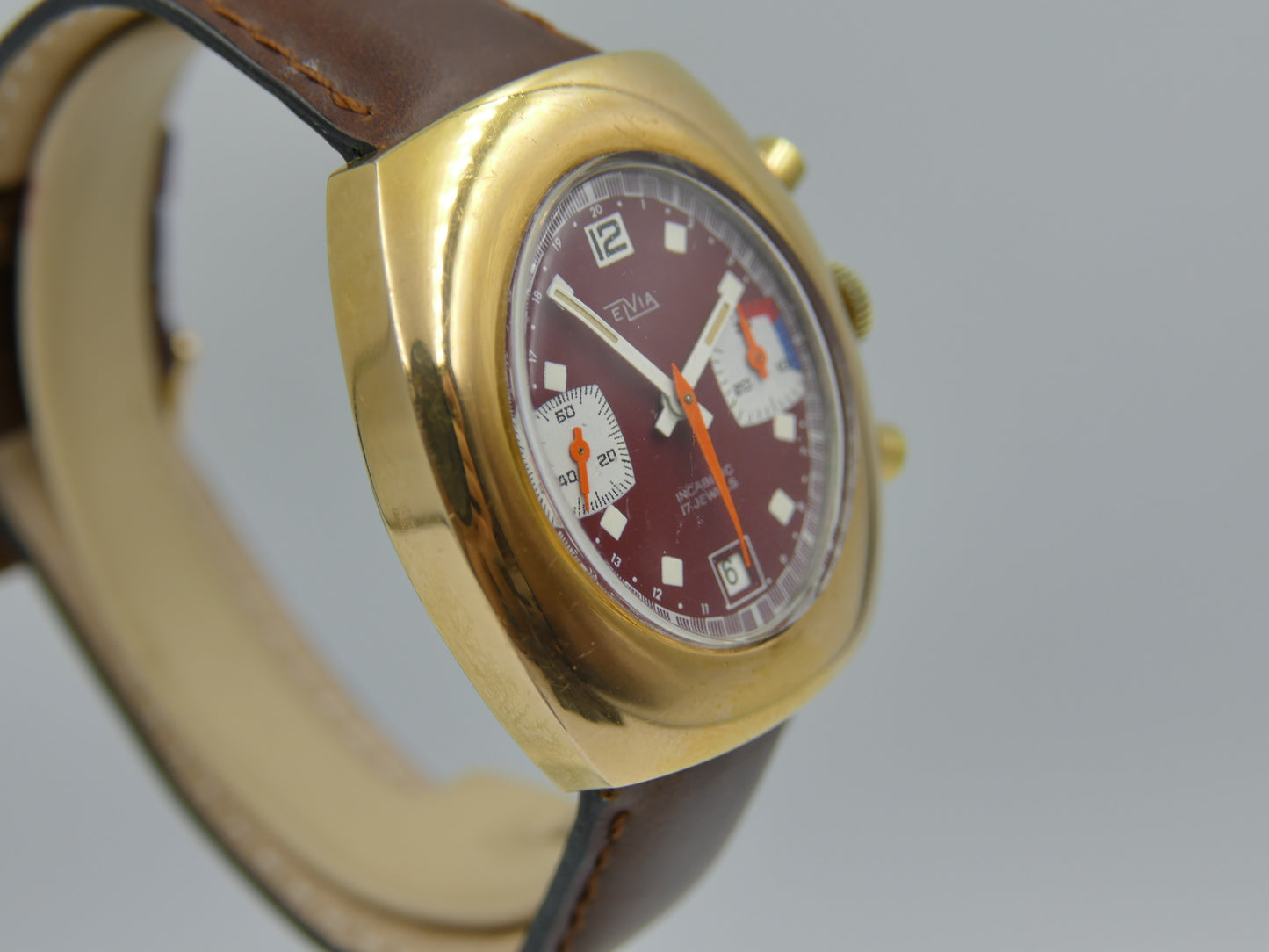 70s vintage watch mens Elvia chronograph valjoux 7734 burgundy