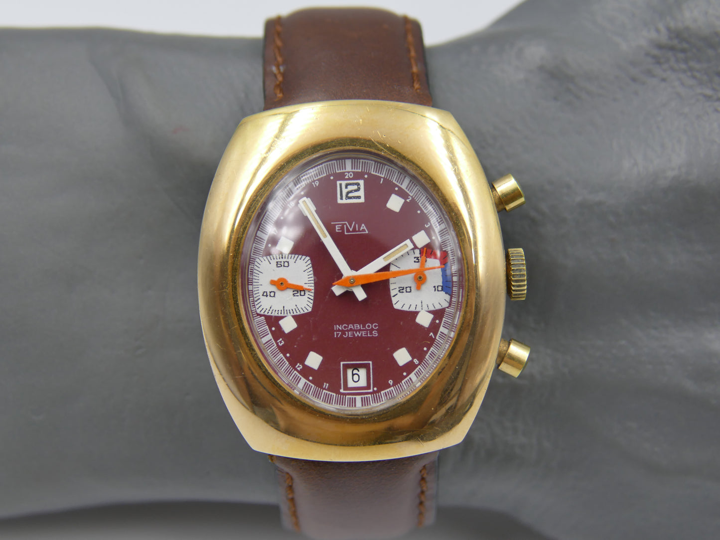 70s vintage watch mens Elvia chronograph valjoux 7734 burgundy