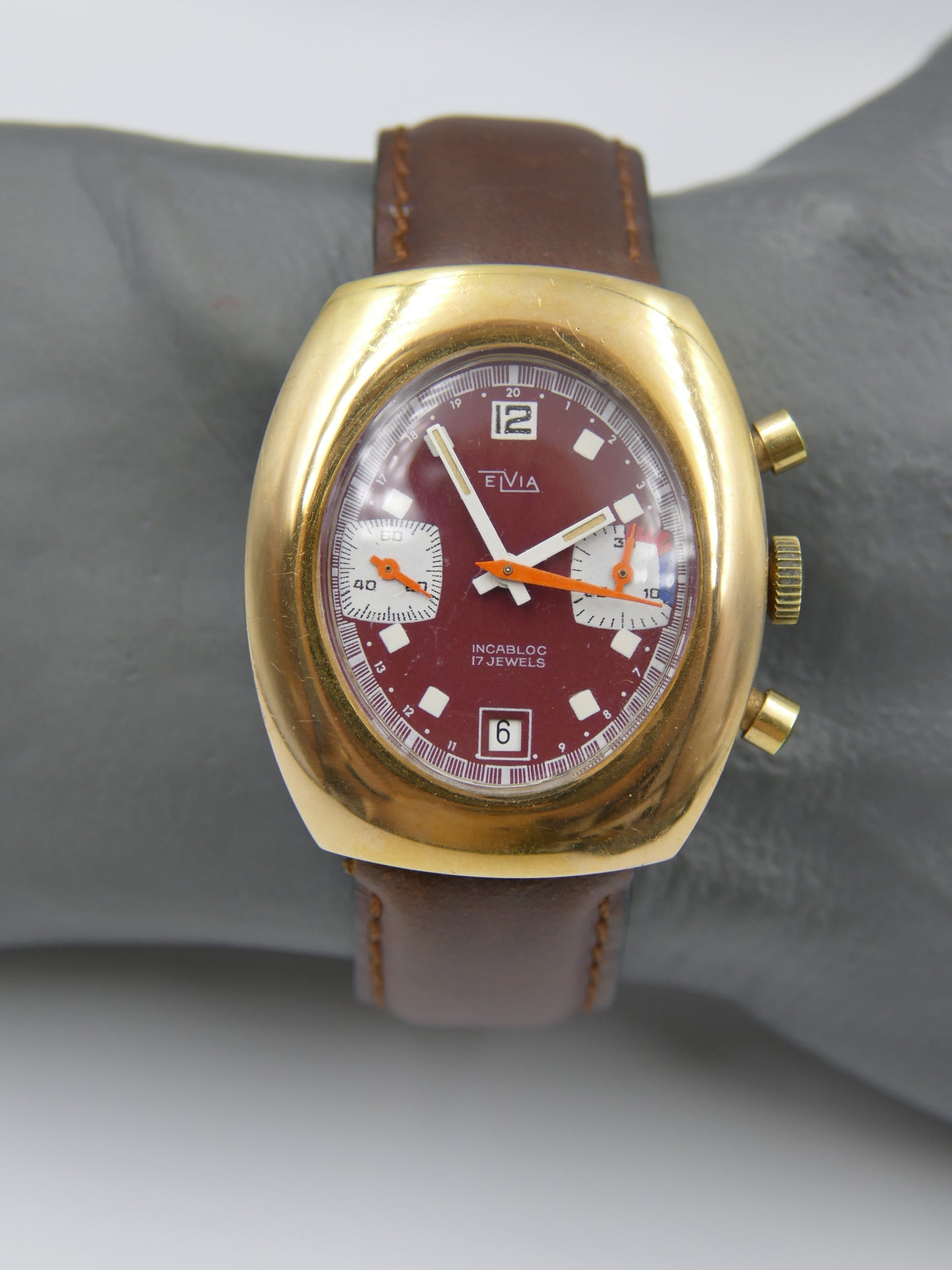 70s vintage watch mens Elvia chronograph valjoux 7734 burgundy