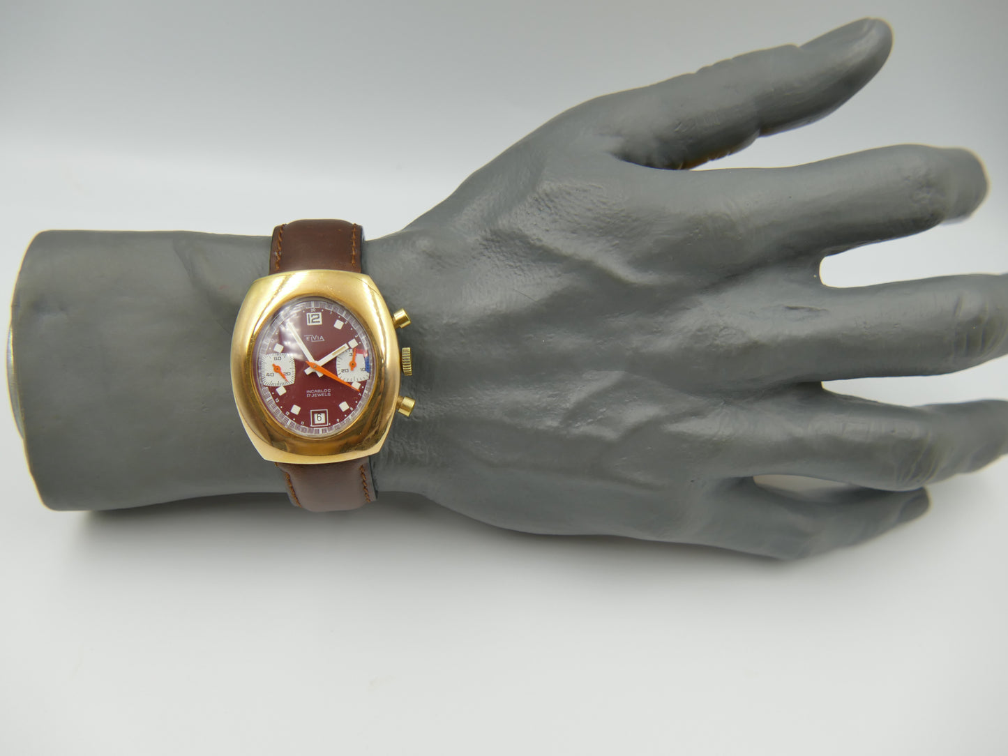 70s vintage watch mens Elvia chronograph valjoux 7734 burgundy