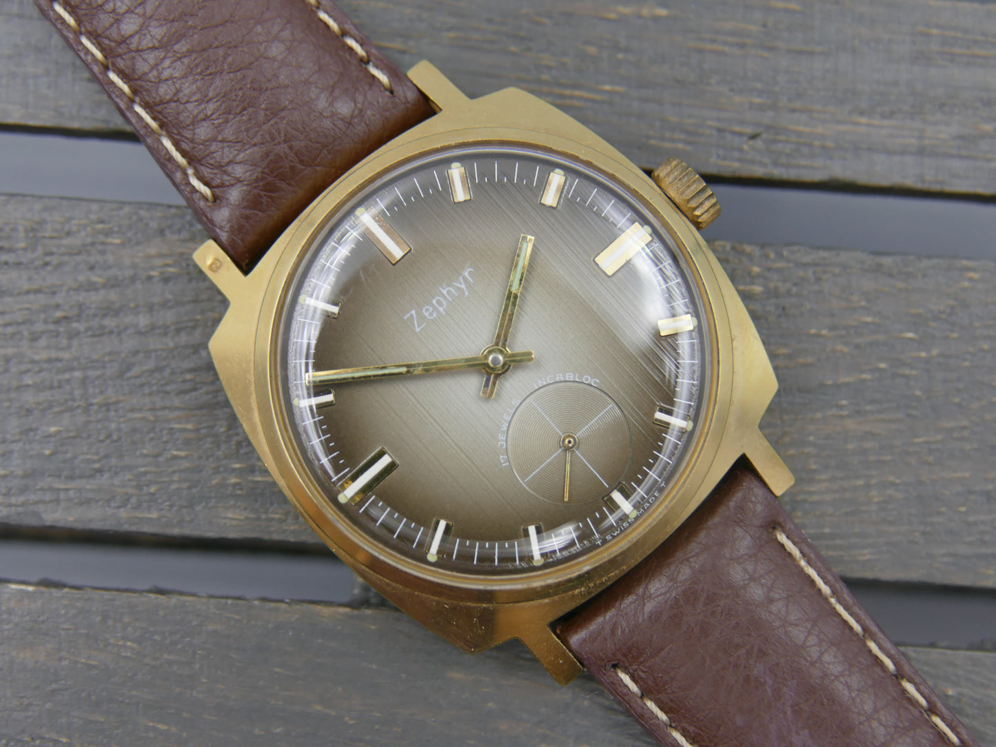 70s vintage watch mens Zephyr hand wind Unitas 6325 brown