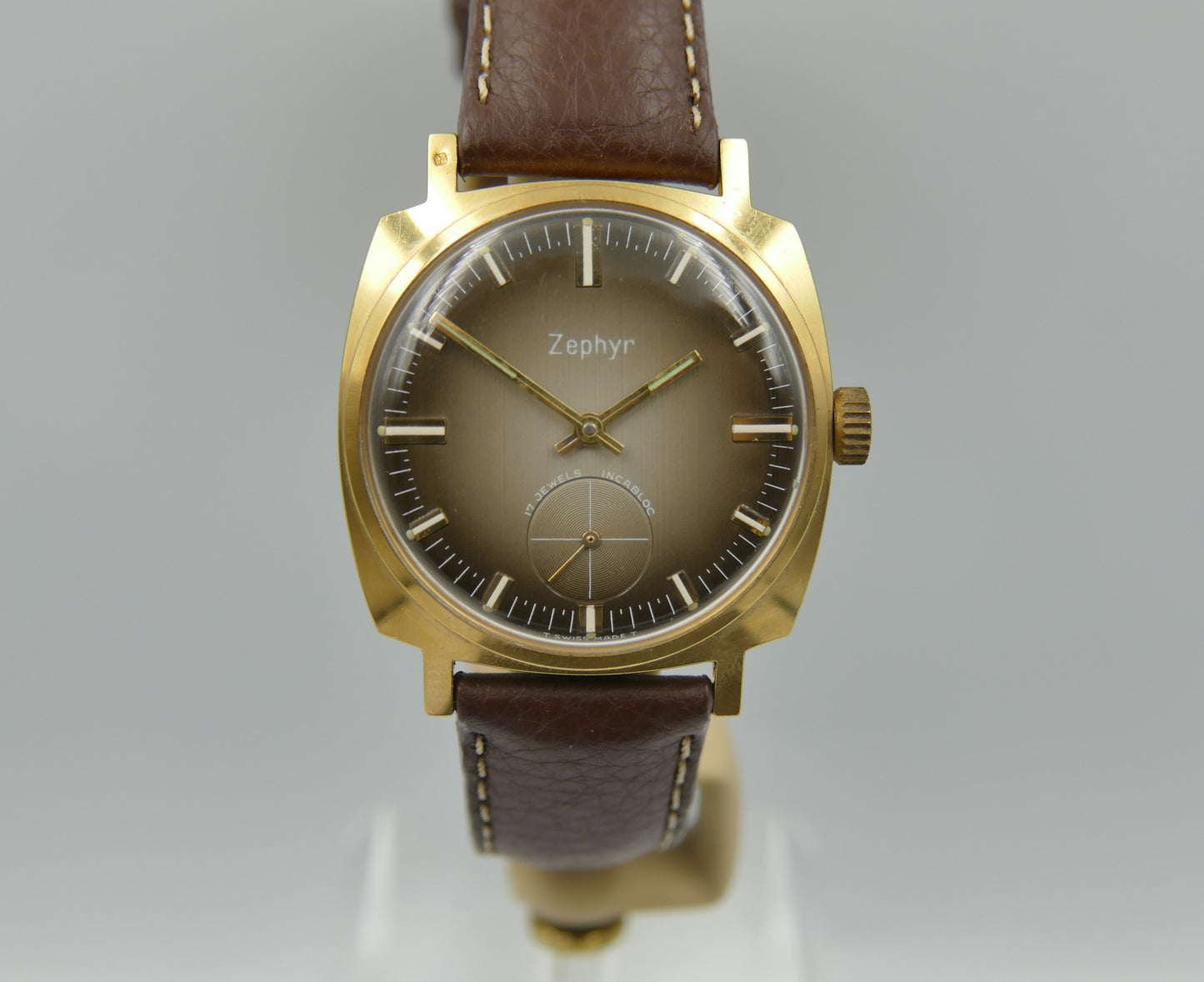 70s vintage watch mens Zephyr hand wind Unitas 6325 brown