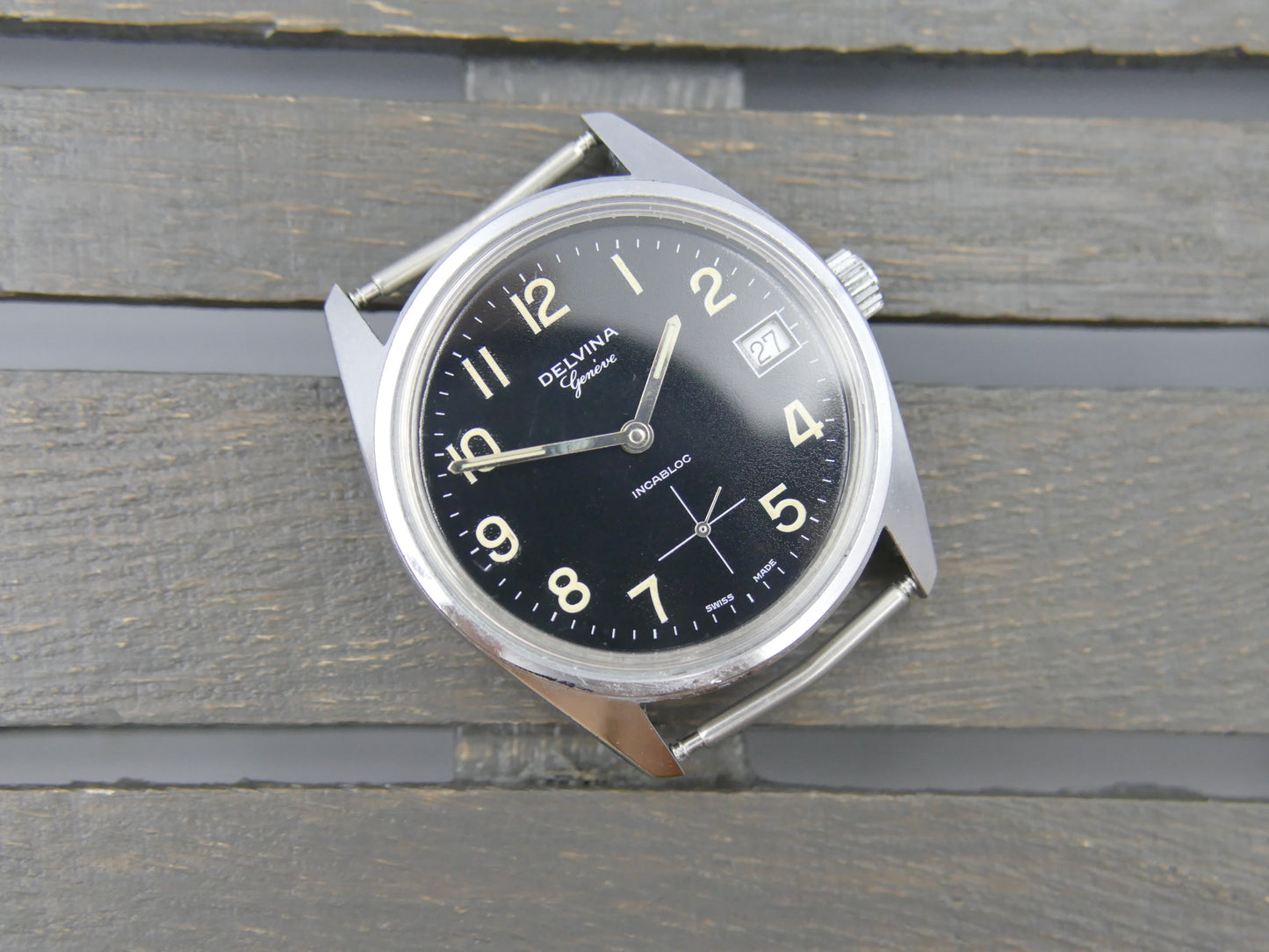 70s vintage watch mens Delvina Geneve hand wind Unitas 6380 military mint
