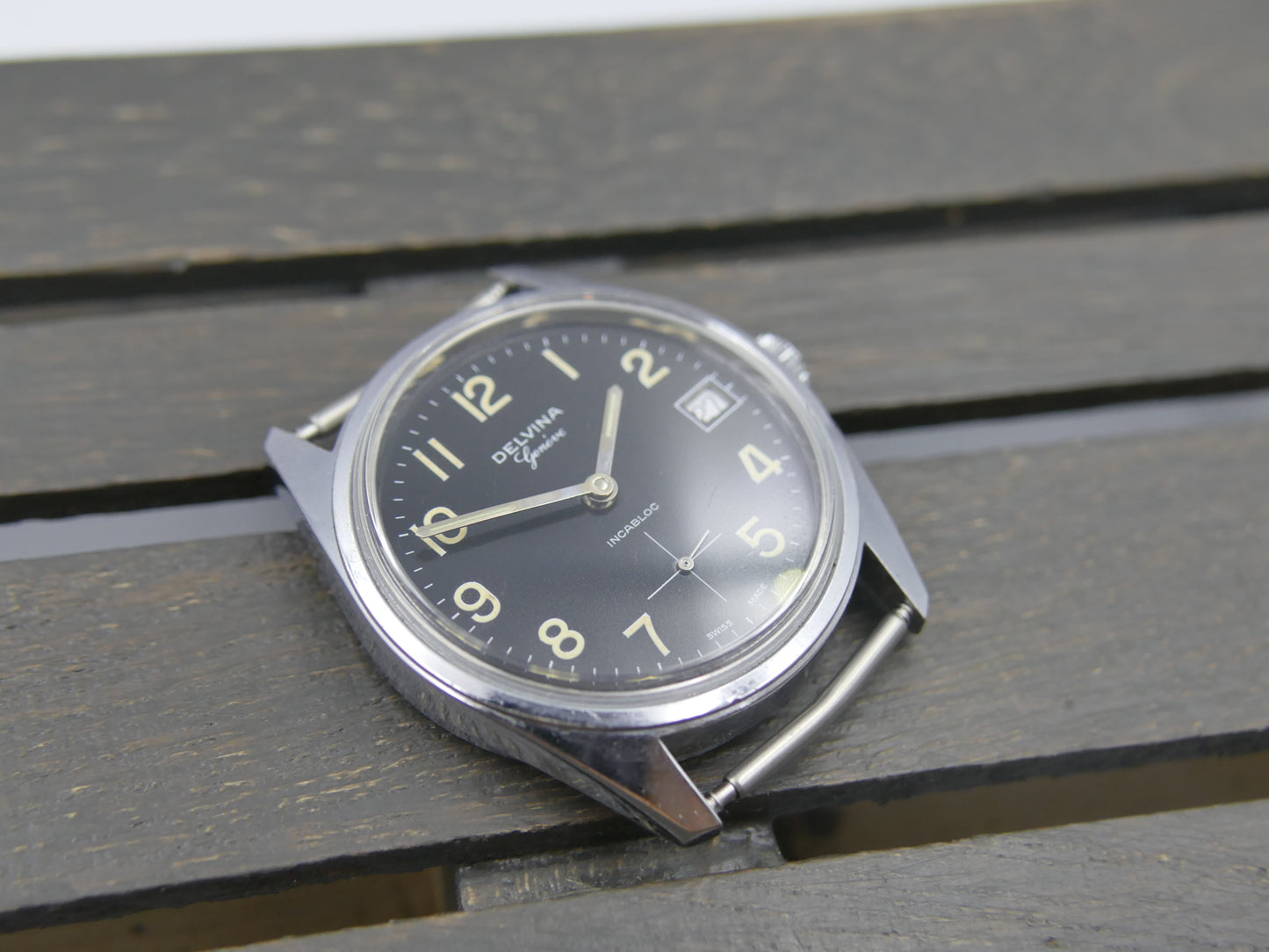 70s vintage watch mens Delvina Geneve hand wind Unitas 6380 military mint