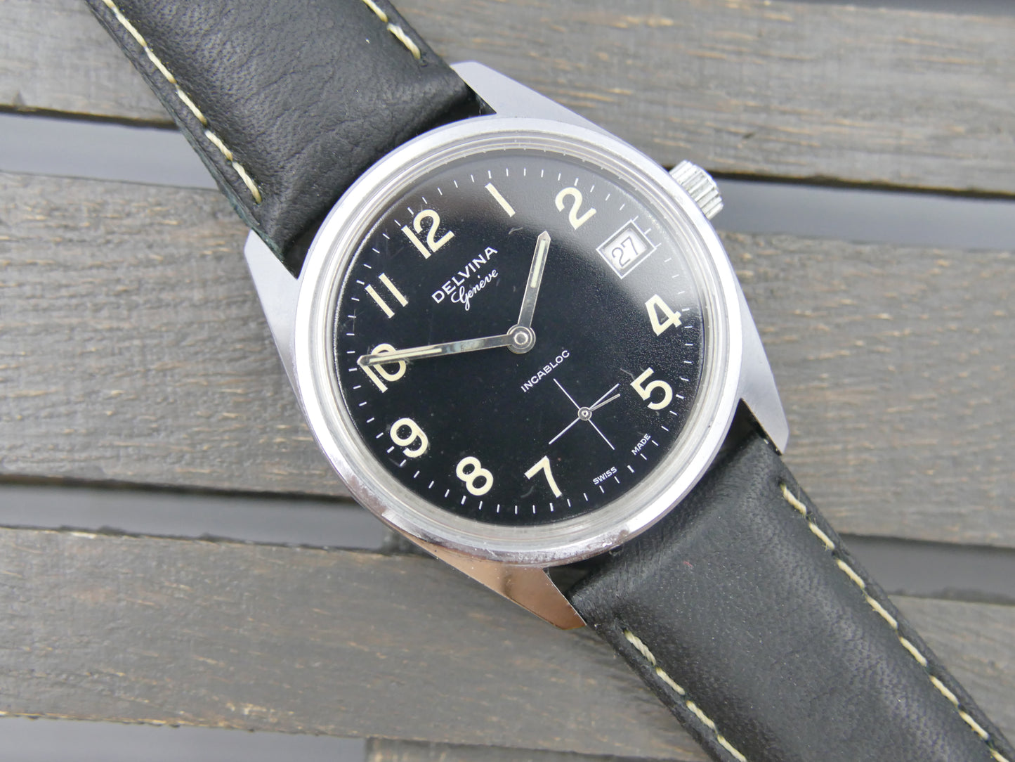70s vintage watch mens Delvina Geneve hand wind Unitas 6380 military mint