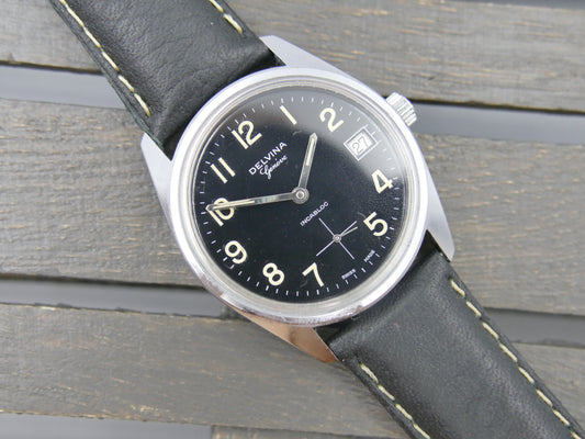 70s vintage watch mens Delvina Geneve hand wind Unitas 6380 military mint
