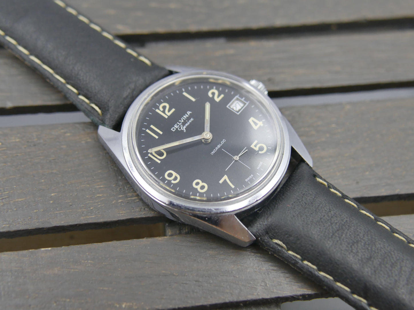 70s vintage watch mens Delvina Geneve hand wind Unitas 6380 military mint