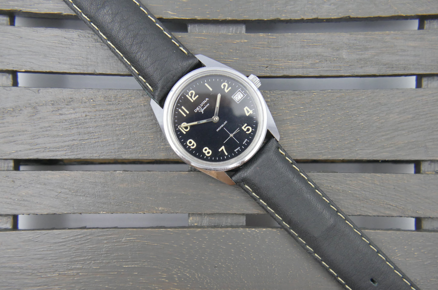 70s vintage watch mens Delvina Geneve hand wind Unitas 6380 military mint