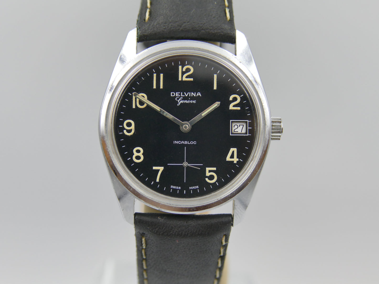 70s vintage watch mens Delvina Geneve hand wind Unitas 6380 military mint