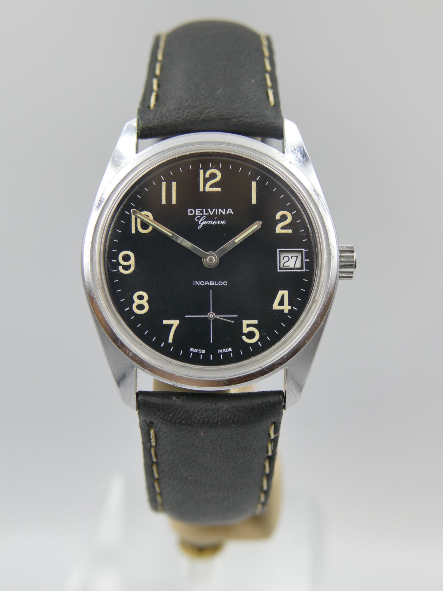 70s vintage watch mens Delvina Geneve hand wind Unitas 6380 military mint