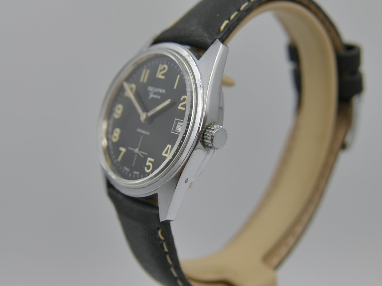70s vintage watch mens Delvina Geneve hand wind Unitas 6380 military mint