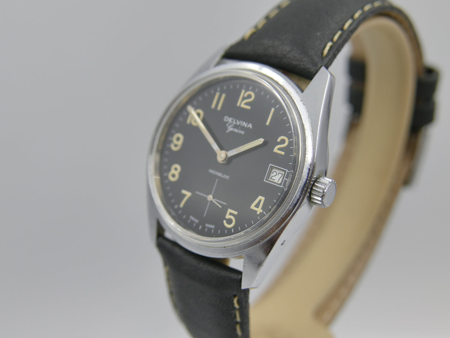 70s vintage watch mens Delvina Geneve hand wind Unitas 6380 military mint
