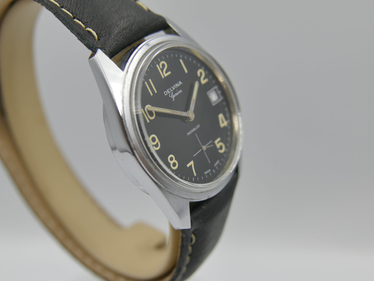 70s vintage watch mens Delvina Geneve hand wind Unitas 6380 military mint