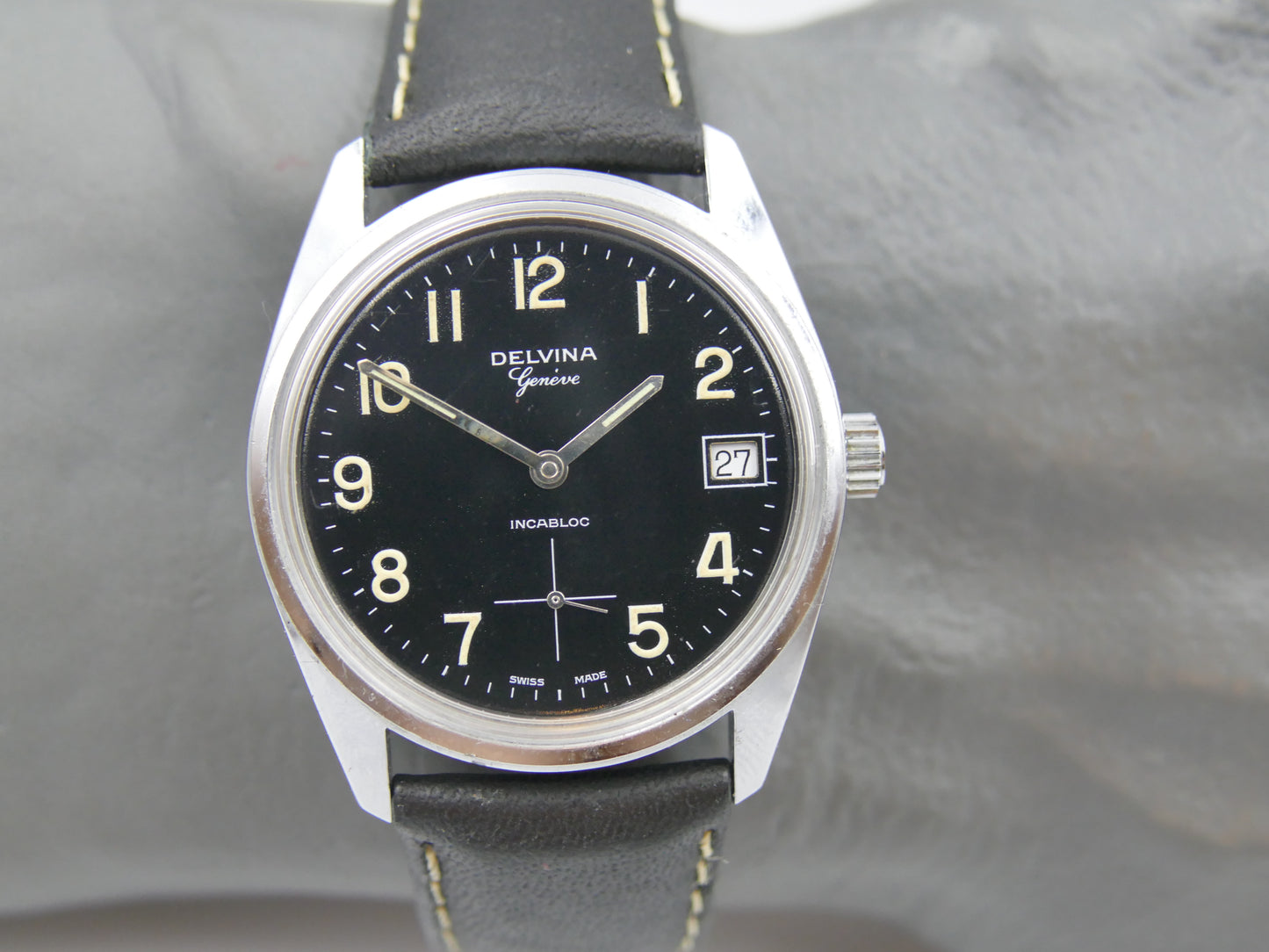 70s vintage watch mens Delvina Geneve hand wind Unitas 6380 military mint