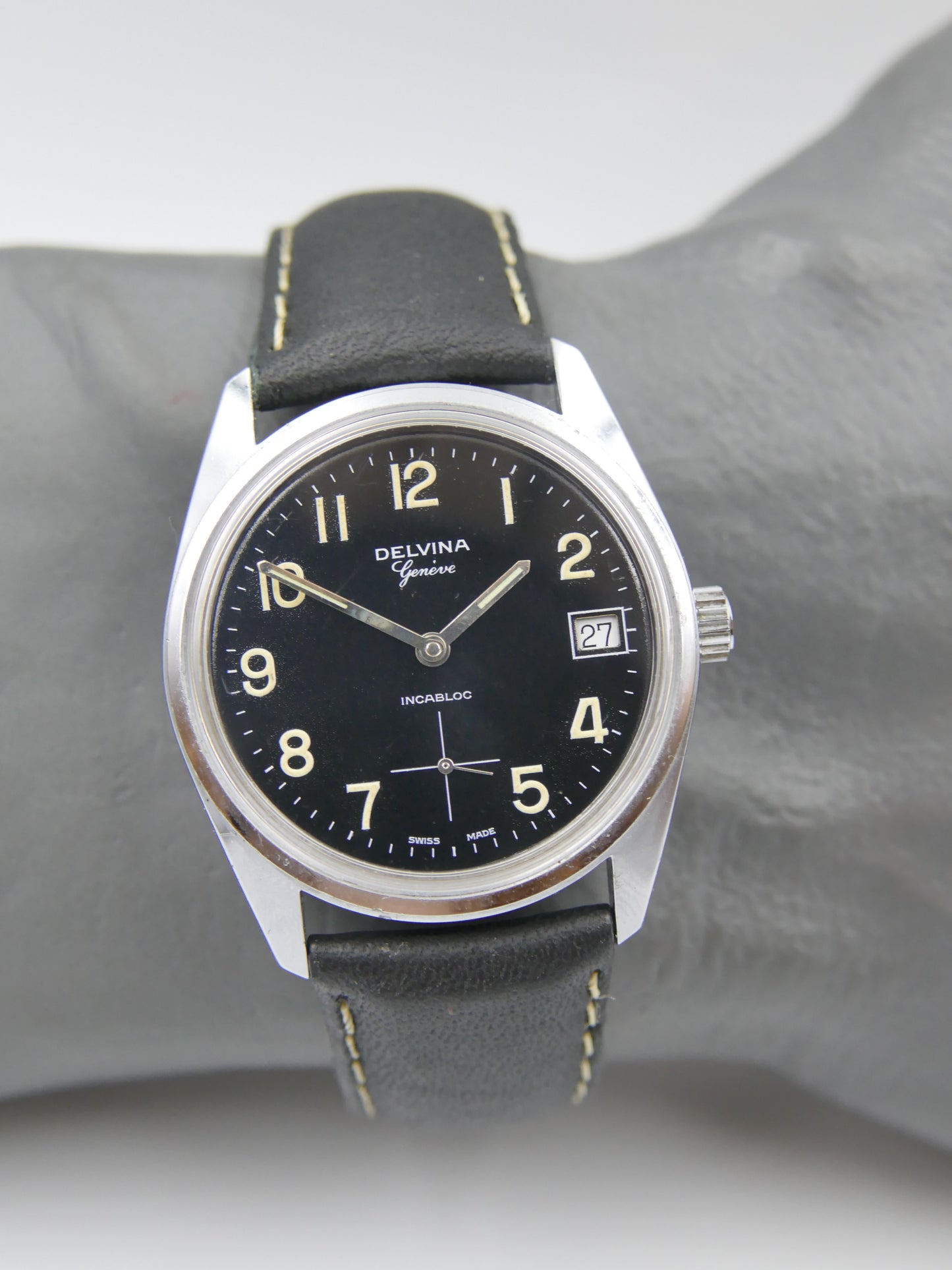 70s vintage watch mens Delvina Geneve hand wind Unitas 6380 military mint