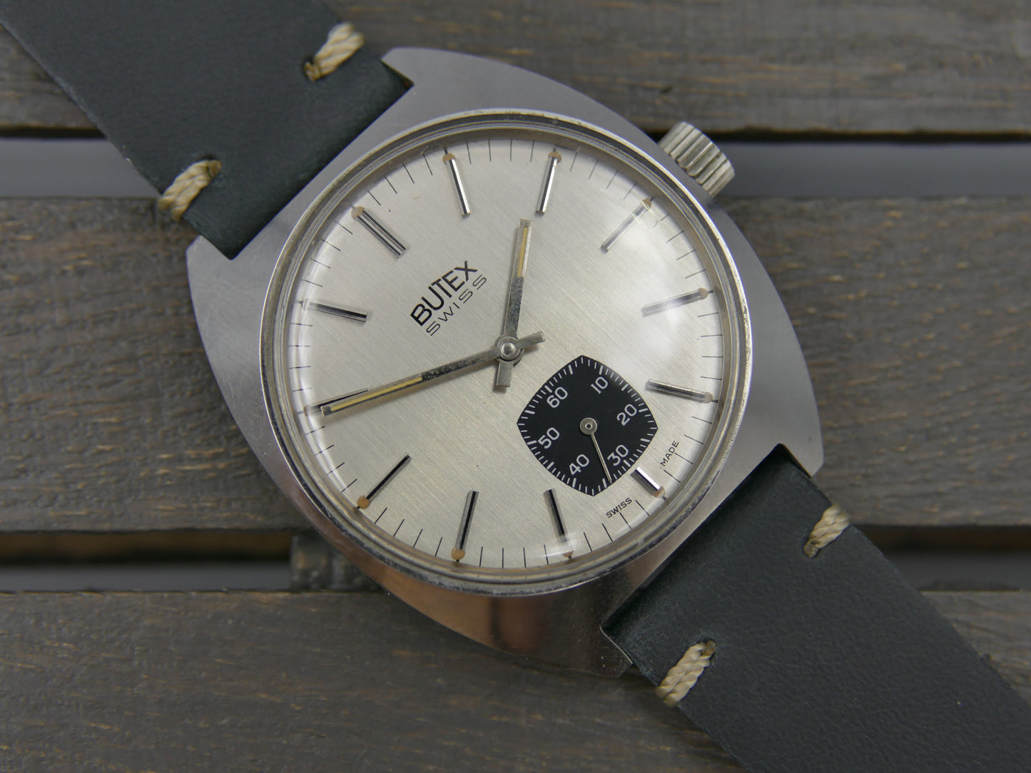 70s vintage watch mens Butex BWC Swiss ref 853016 hand wind unitas 6325 panda style