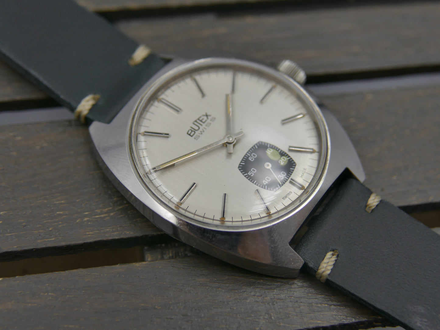 70s vintage watch mens Butex BWC Swiss ref 853016 hand wind unitas 6325 panda style