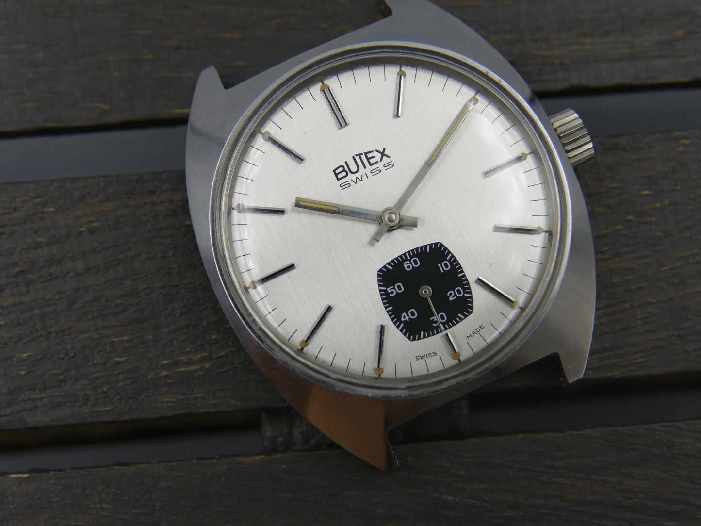 70s vintage watch mens Butex BWC Swiss ref 853016 hand wind unitas 6325 panda style