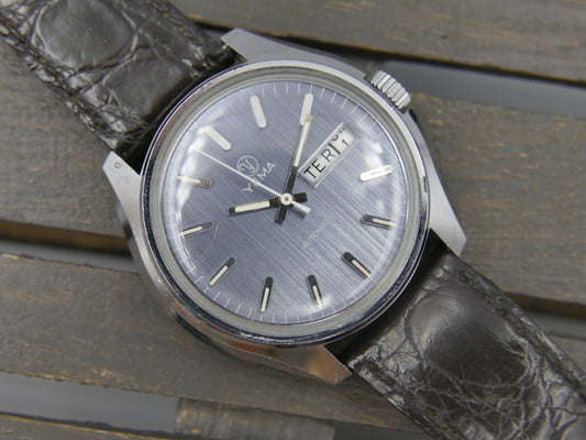 70s vintage watch mens Yema automatic FE 4612 blue dial mint