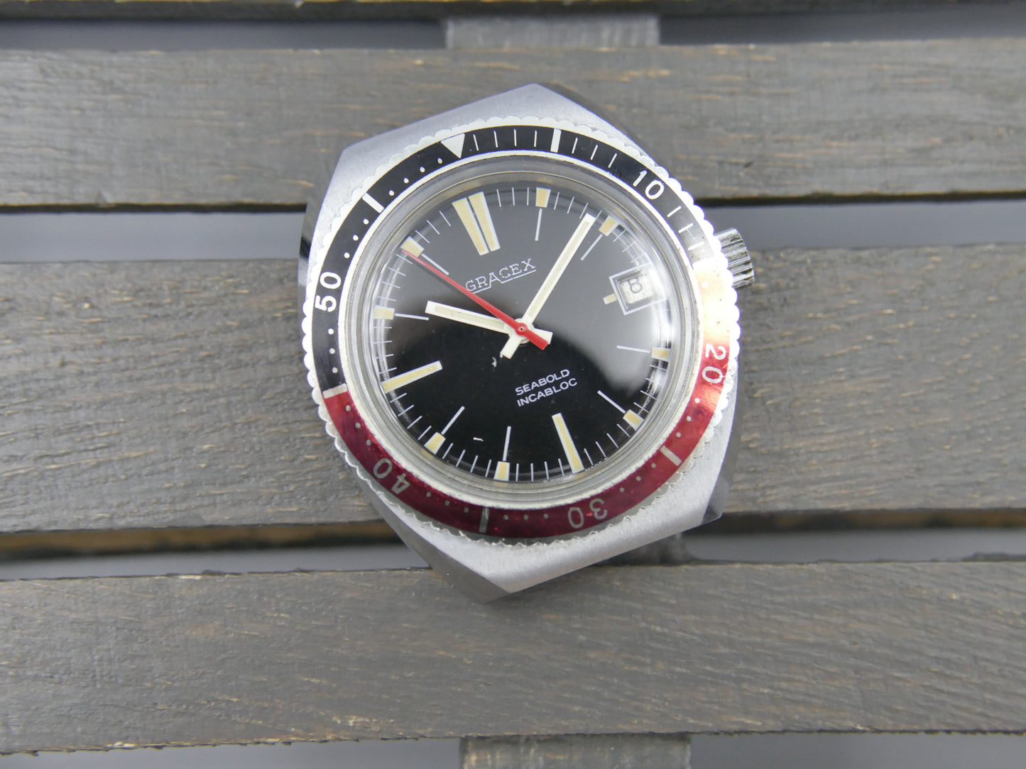 70s vintage watch mens Gracex Seabold Skin Diver Coke Bezel hand wind Cal. FHF/ST 96-4 mint