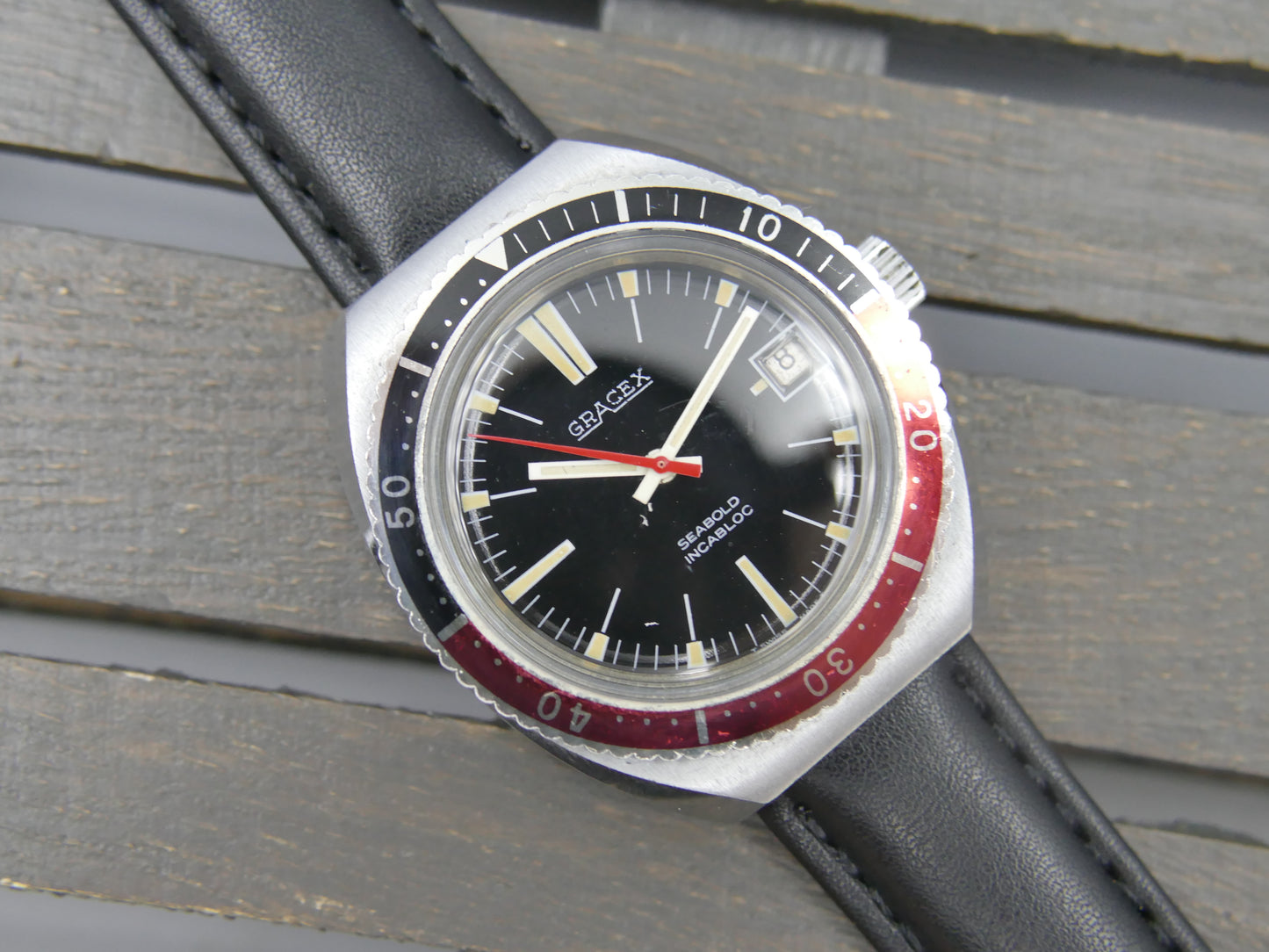 70s vintage watch mens Gracex Seabold Skin Diver Coke Bezel hand wind Cal. FHF/ST 96-4 mint