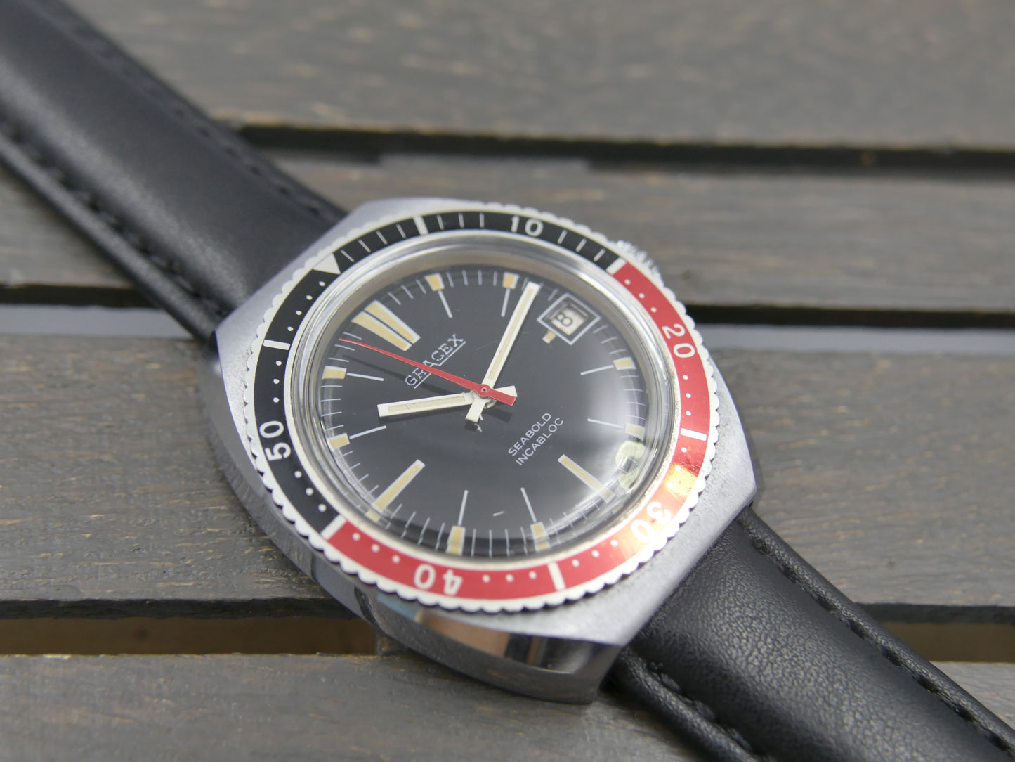 70s vintage watch mens Gracex Seabold Skin Diver Coke Bezel hand wind Cal. FHF/ST 96-4 mint