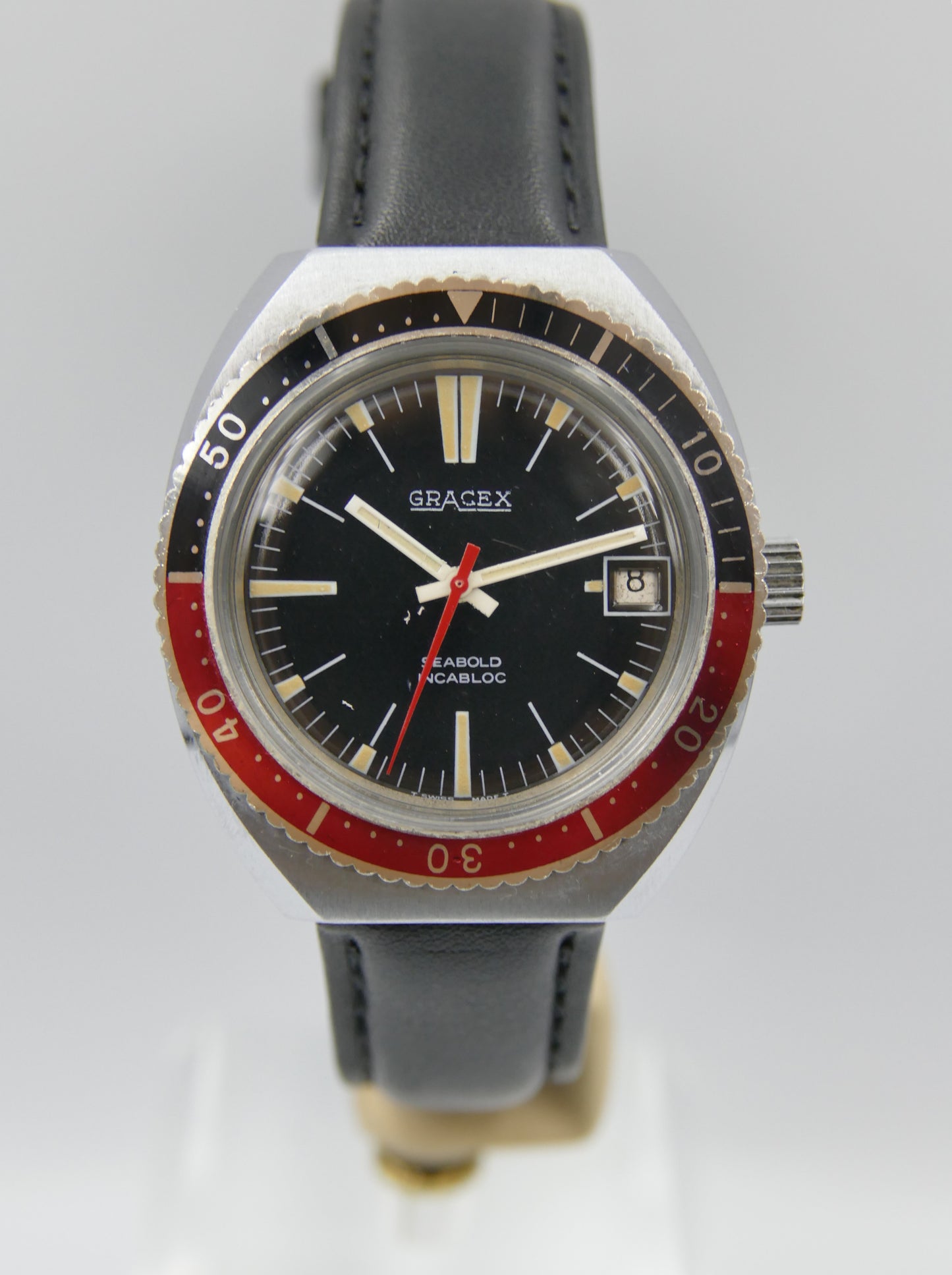70s vintage watch mens Gracex Seabold Skin Diver Coke Bezel hand wind Cal. FHF/ST 96-4 mint
