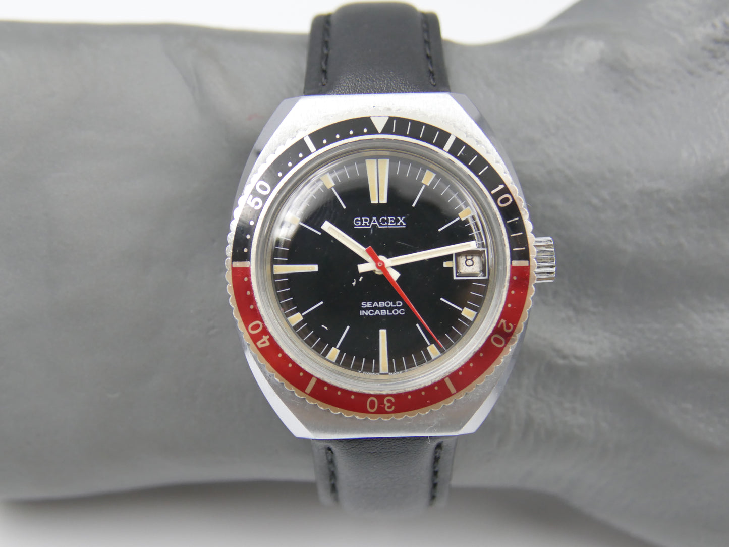 70s vintage watch mens Gracex Seabold Skin Diver Coke Bezel hand wind Cal. FHF/ST 96-4 mint