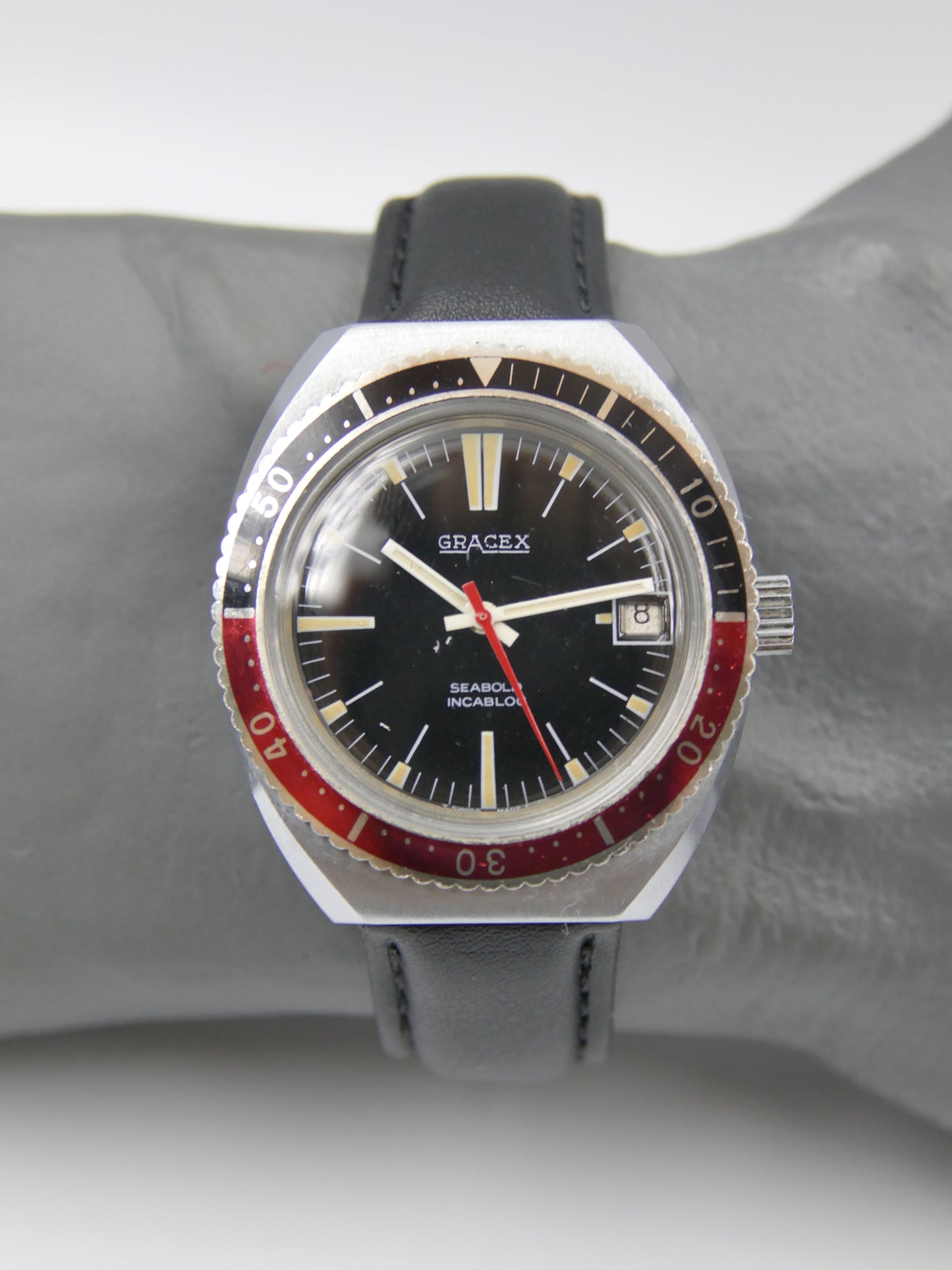 70s vintage watch mens Gracex Seabold Skin Diver Coke Bezel hand wind Cal. FHF/ST 96-4 mint