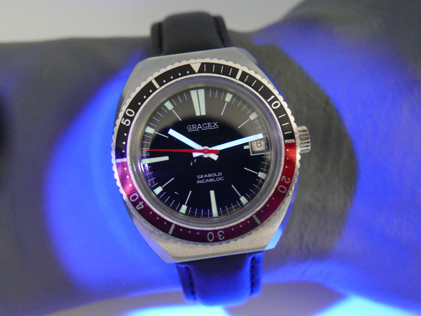 70s vintage watch mens Gracex Seabold Skin Diver Coke Bezel hand wind Cal. FHF/ST 96-4 mint