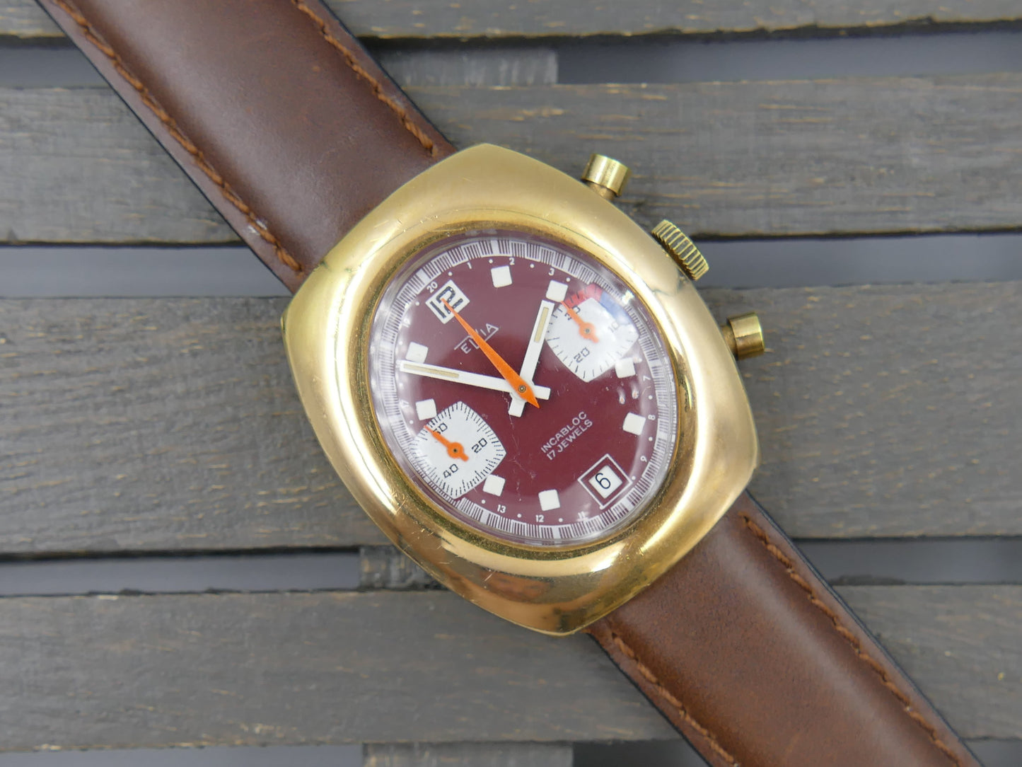70s vintage watch mens Elvia chronograph valjoux 7734 burgundy