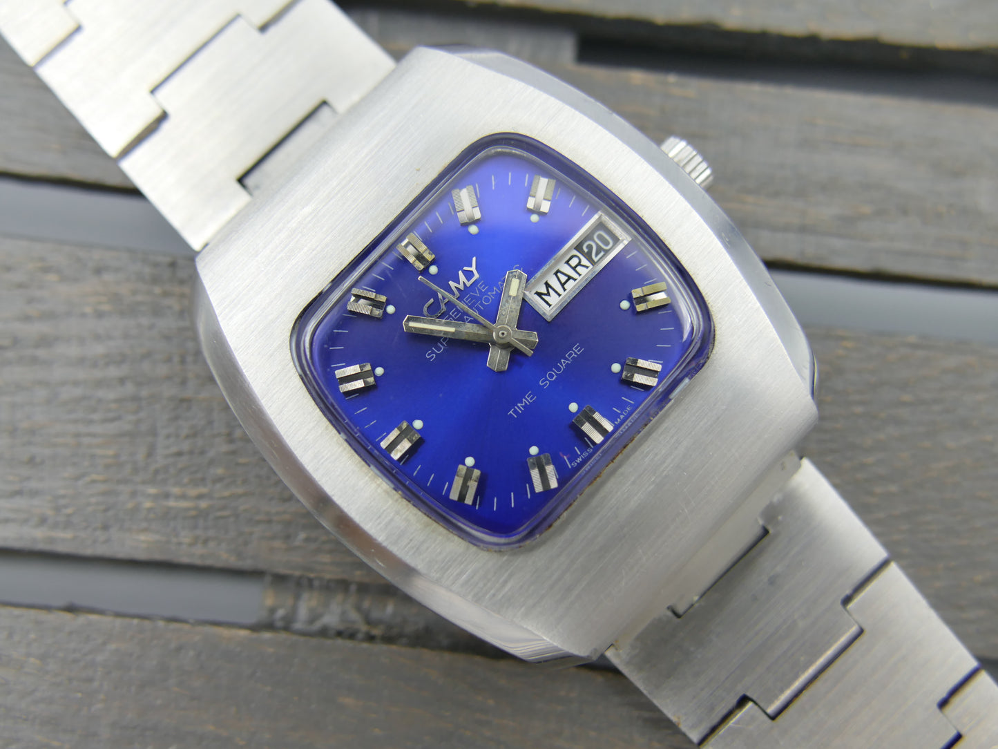 70's vintage watch mens NOS Camy time square ref 7650 superautomatic ETA 2789 blue