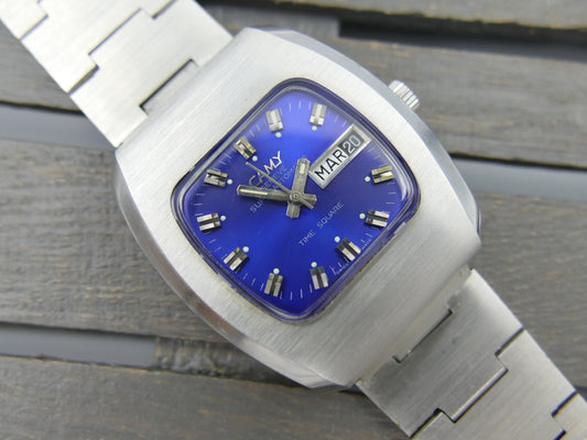 70's vintage watch mens NOS Camy time square ref 7650 superautomatic ETA 2789 blue