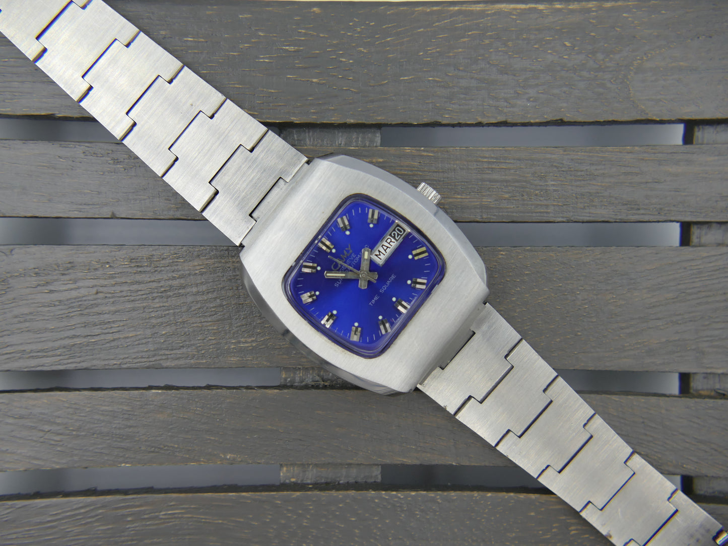 70's vintage watch mens NOS Camy time square ref 7650 superautomatic ETA 2789 blue