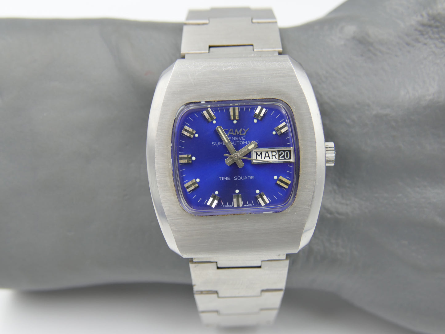 70's vintage watch mens NOS Camy time square ref 7650 superautomatic ETA 2789 blue