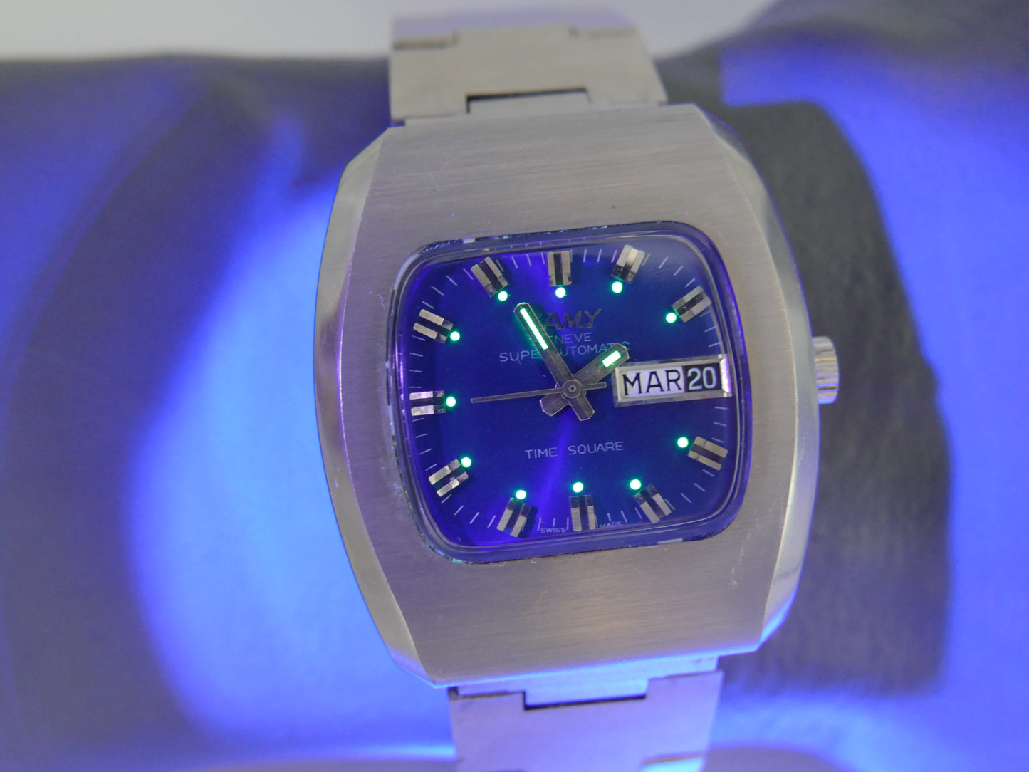 70's vintage watch mens NOS Camy time square ref 7650 superautomatic ETA 2789 blue