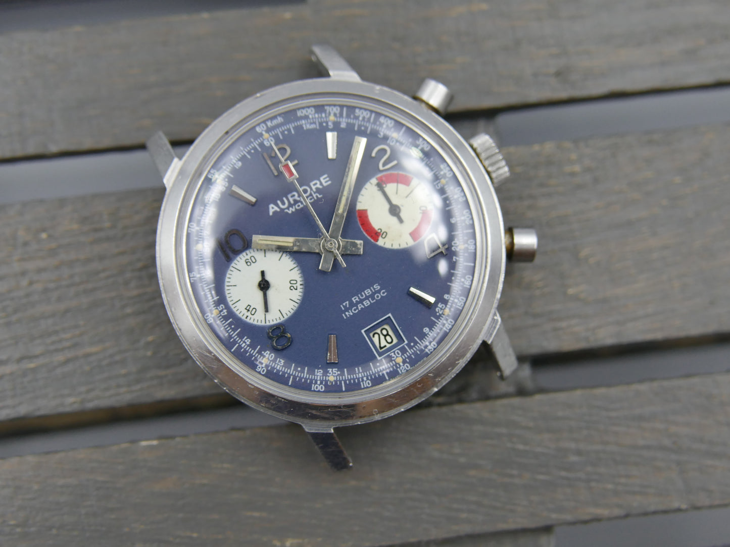 70s vintage watch mens chronograph Aurore valjoux 7734 serviced blue dial SS