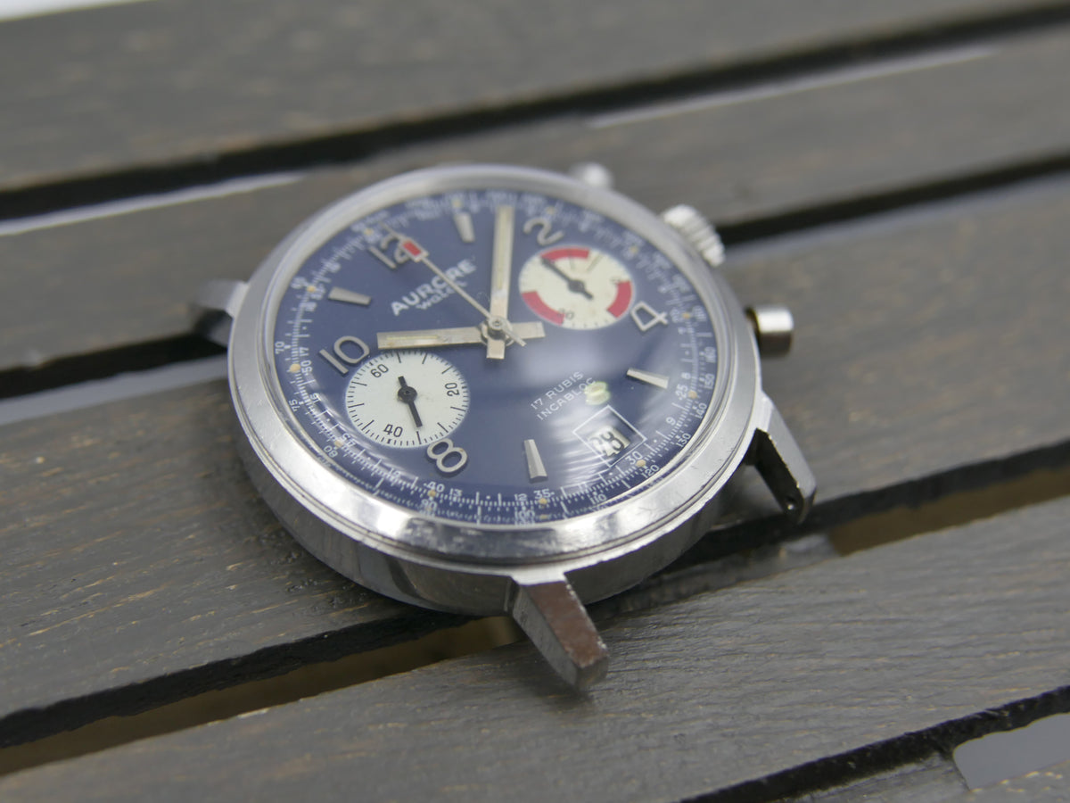 70s vintage watch mens chronograph Aurore valjoux 7734 serviced blue dial SS