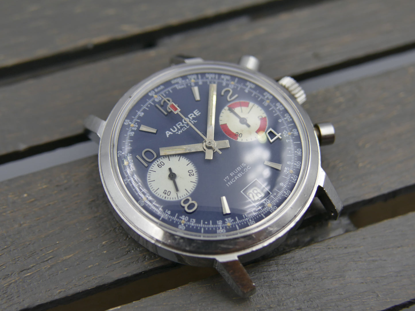 70s vintage watch mens chronograph Aurore valjoux 7734 serviced blue dial SS