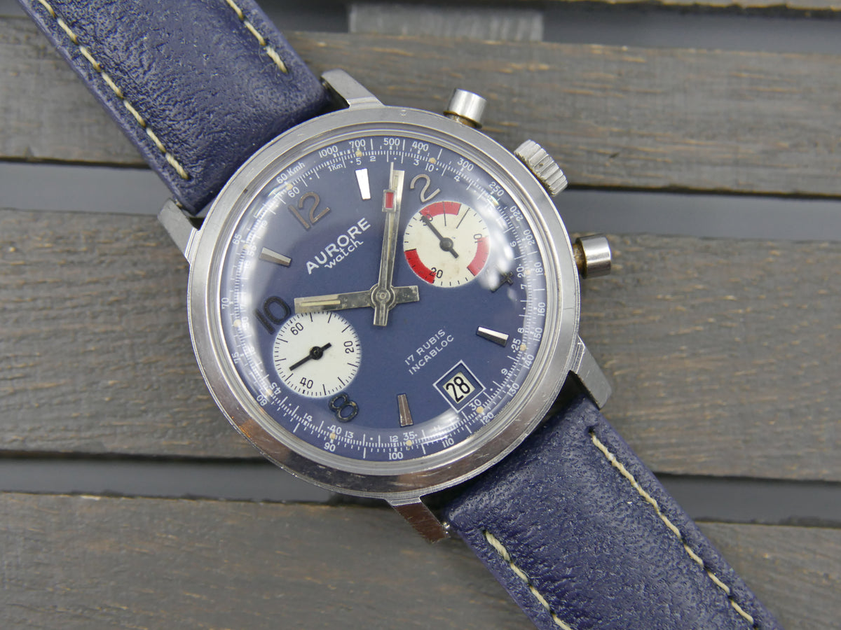 70s vintage watch mens chronograph Aurore valjoux 7734 serviced blue dial SS