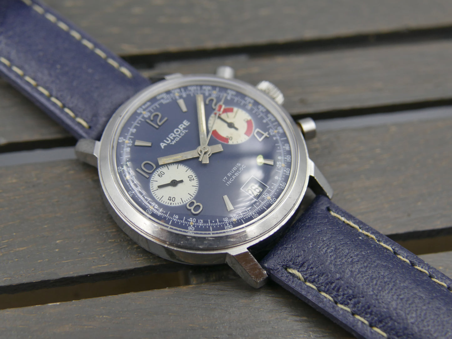 70s vintage watch mens chronograph Aurore valjoux 7734 serviced blue dial SS