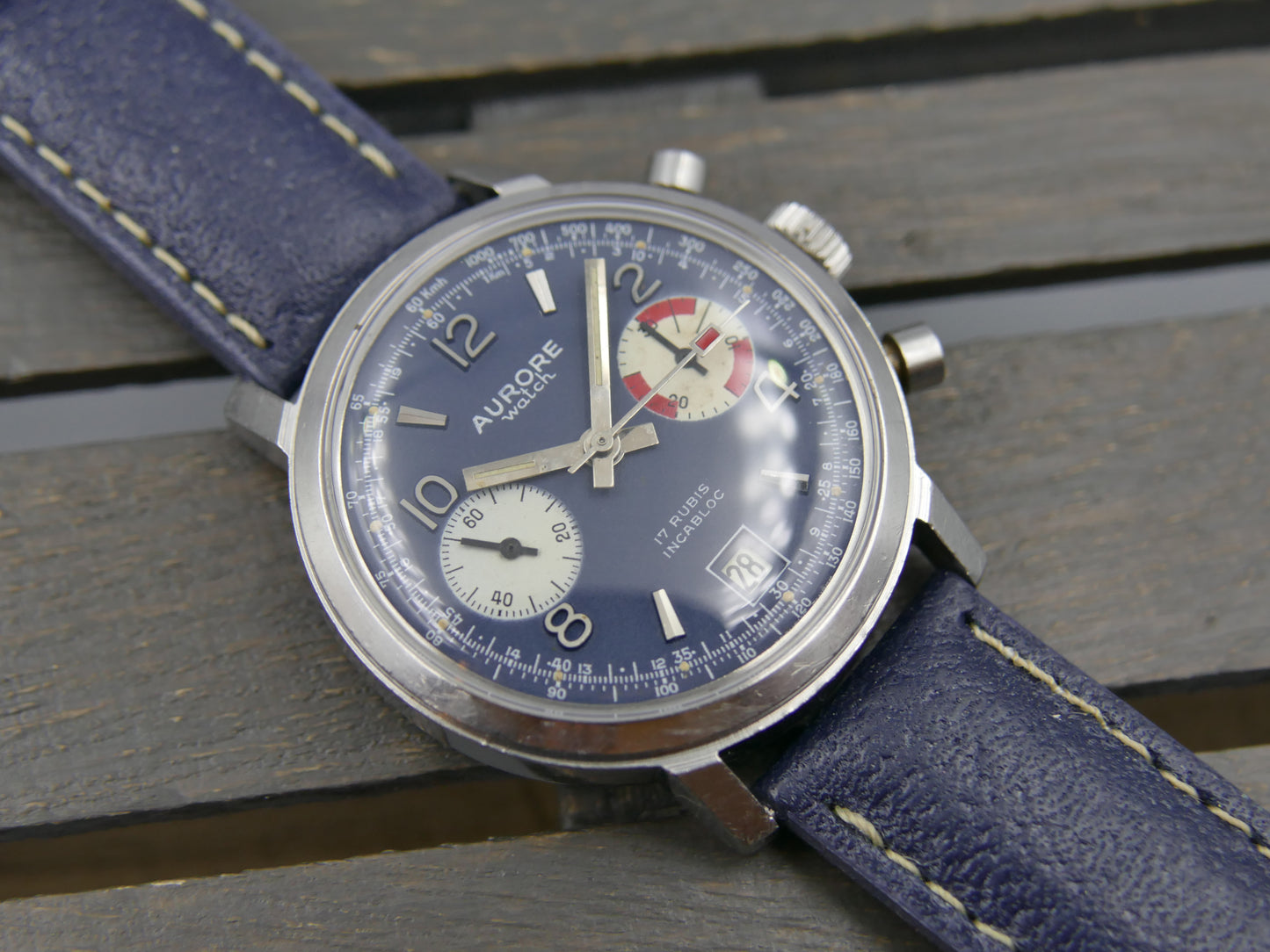 70s vintage watch mens chronograph Aurore valjoux 7734 serviced blue dial SS