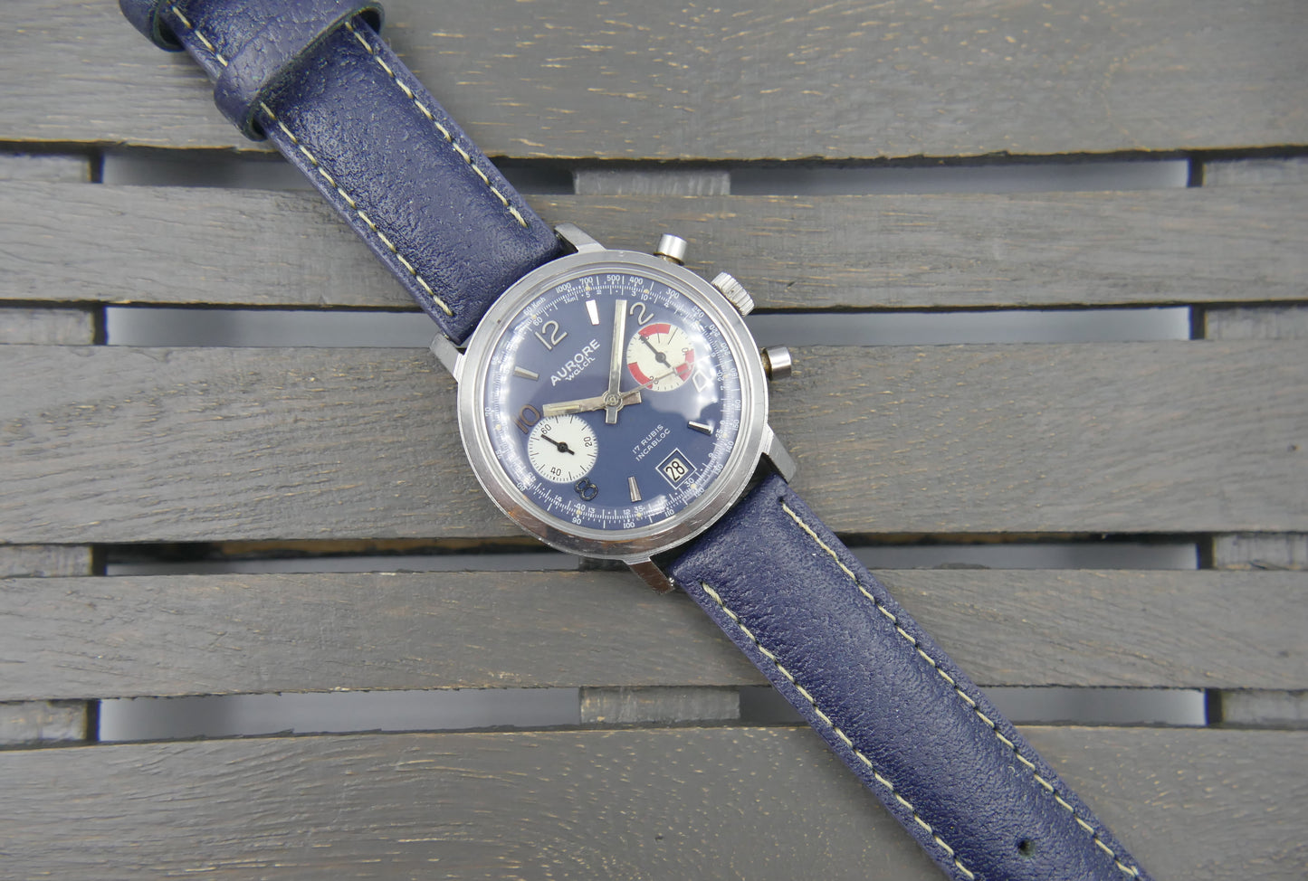 70s vintage watch mens chronograph Aurore valjoux 7734 serviced blue dial SS