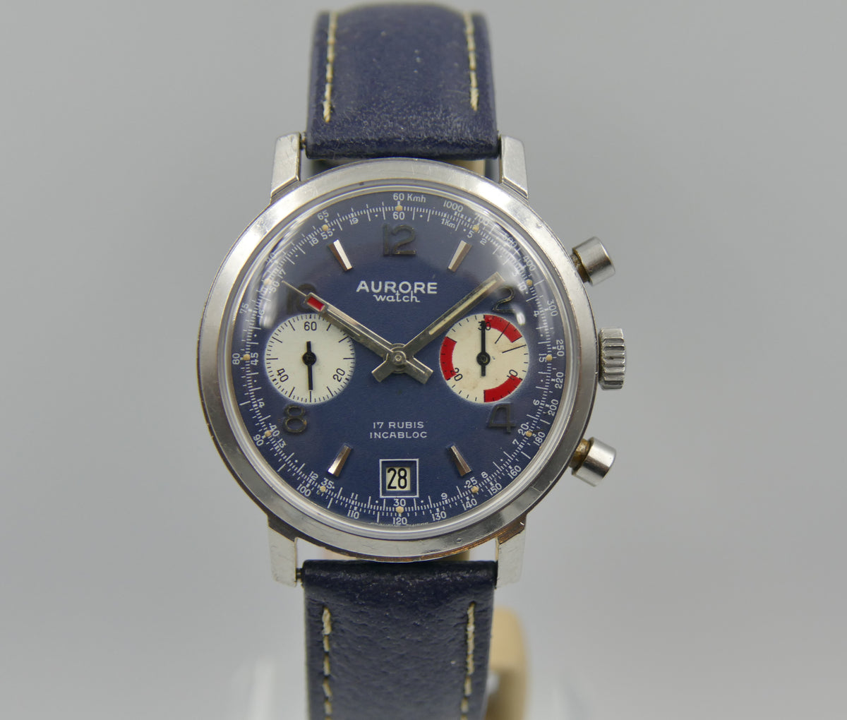 70s vintage watch mens chronograph Aurore valjoux 7734 serviced blue dial SS