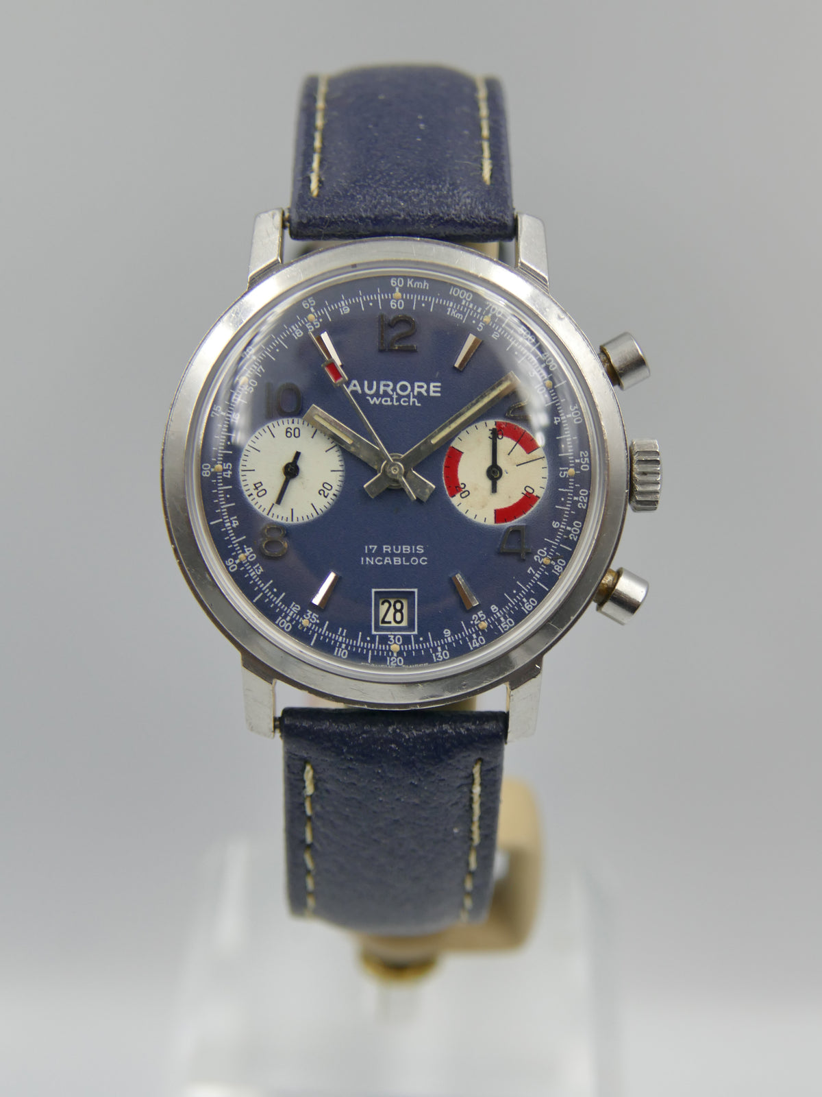 70s vintage watch mens chronograph Aurore valjoux 7734 serviced blue dial SS