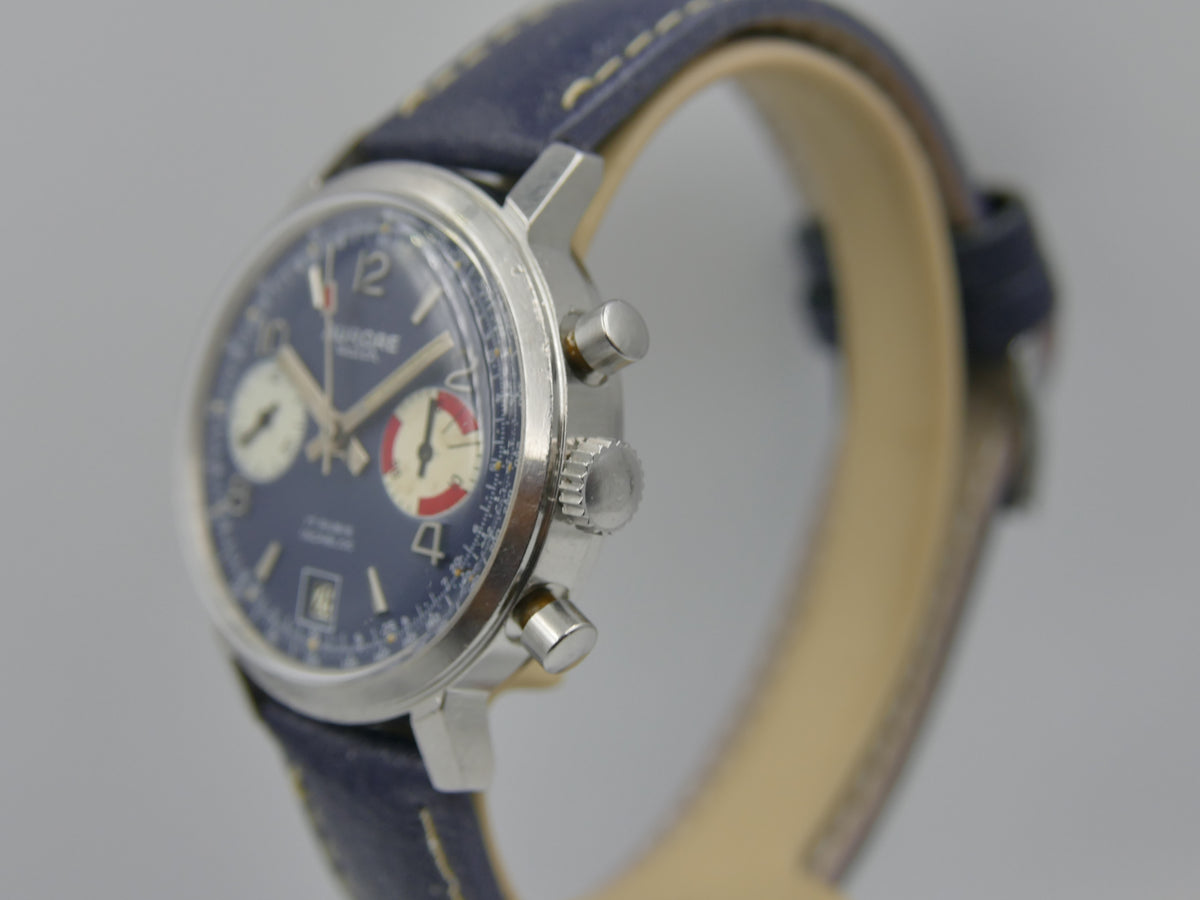 70s vintage watch mens chronograph Aurore valjoux 7734 serviced blue dial SS