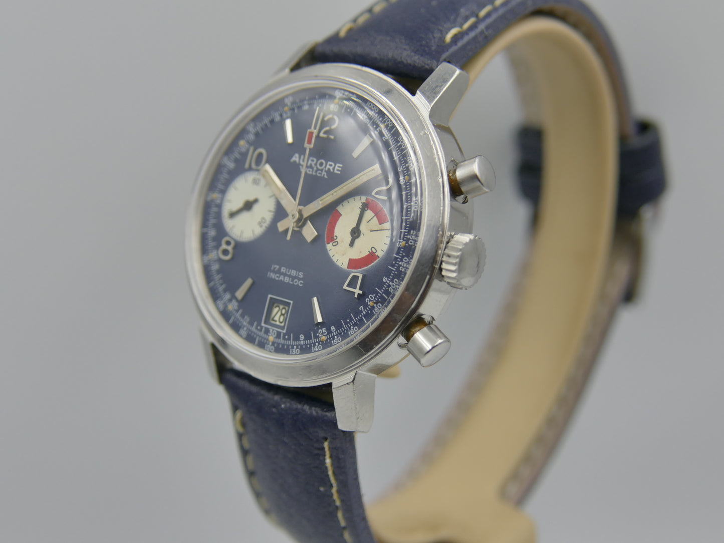 70s vintage watch mens chronograph Aurore valjoux 7734 serviced blue dial SS